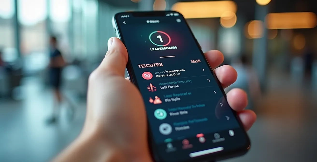 Smartphone affichant une application sportive avec interface gamifiée et interaction communautaire lumineuse et moderne