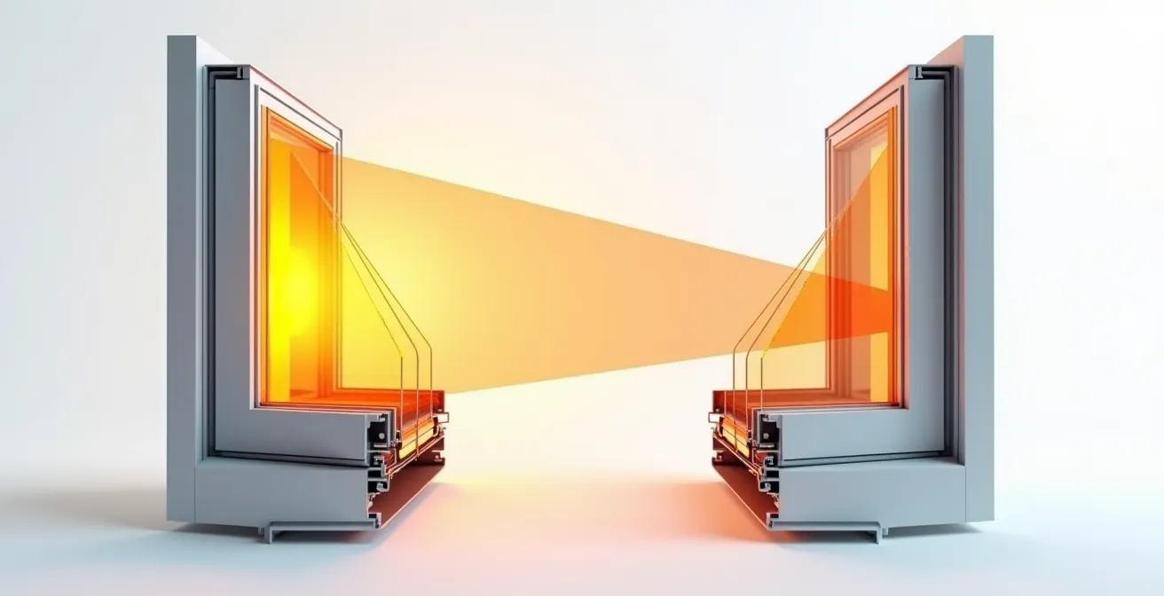 Diagramme visuel montrant l'impact du rayonnement solaire traversant une fenêtre avec et sans volet roulant