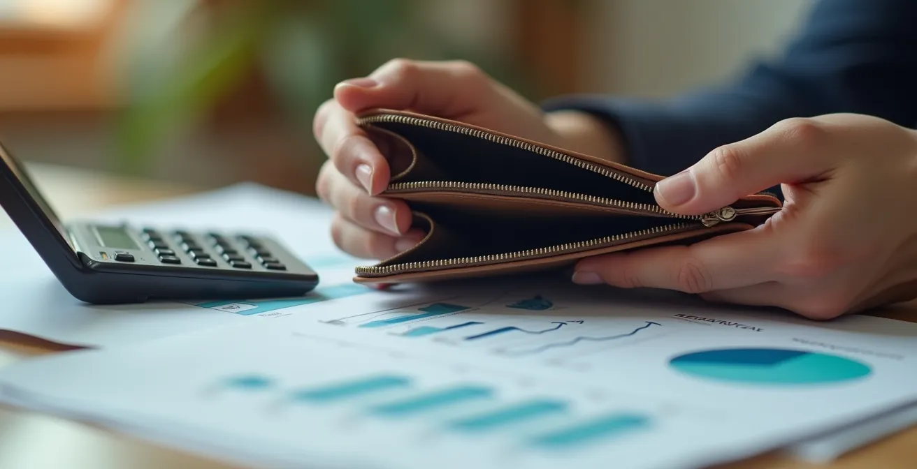 Détail en gros plan d’une main tenant un porte-monnaie avec calculatrice et documents financiers en arrière-plan