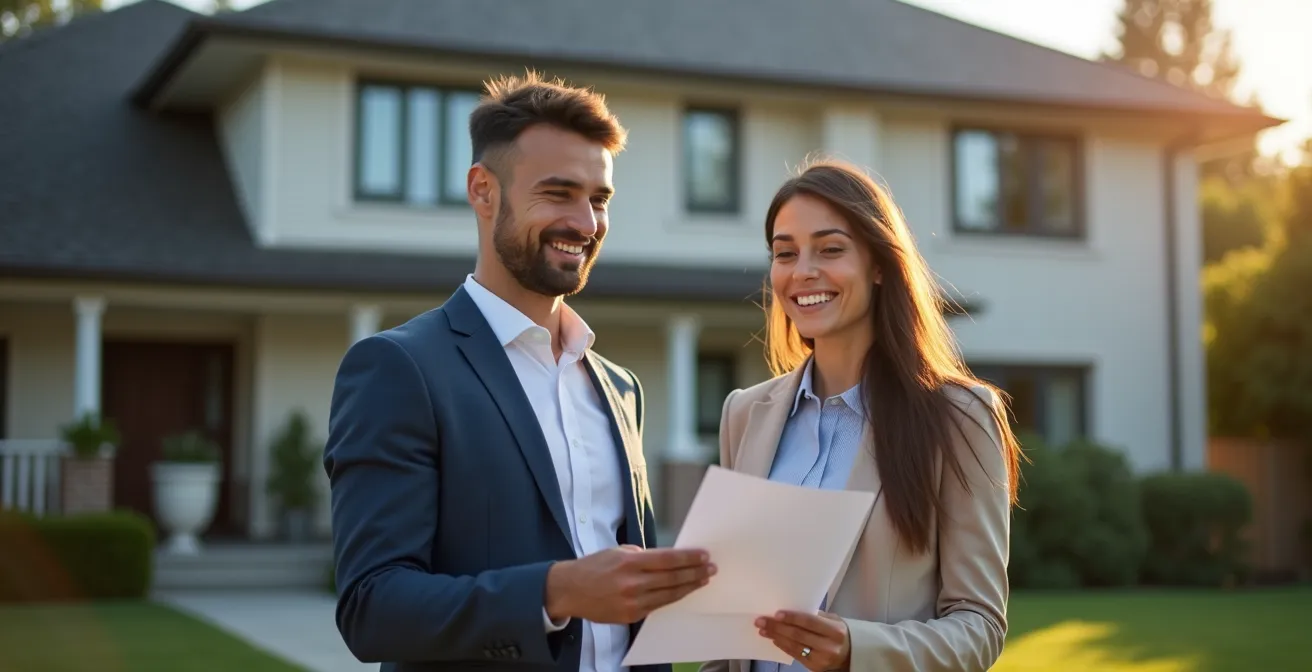 Interaction positive entre un agent immobilier et un acheteur devant un immeuble en copropriété