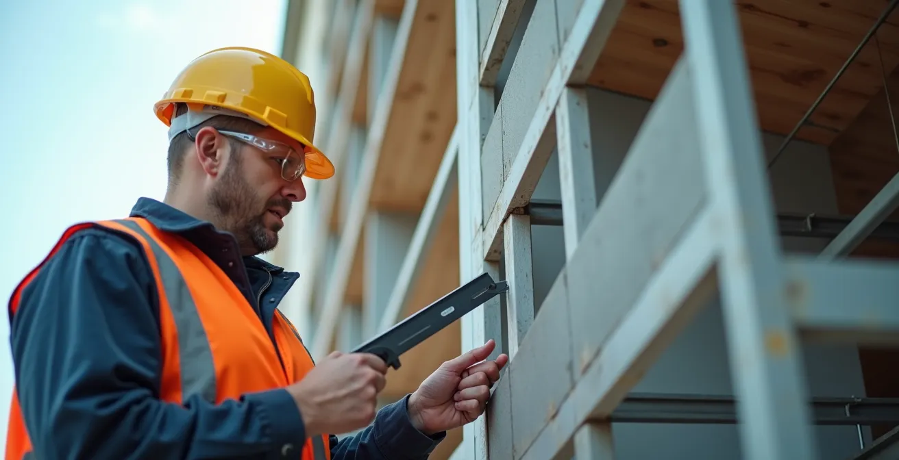 Vue en gros plan d'un expert réalisant une inspection technique d'un immeuble en copropriété