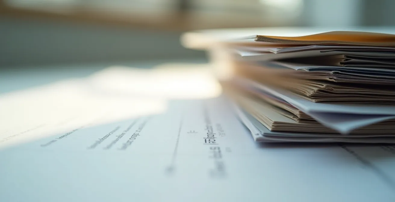 Gros plan sur documents administratifs et éléments personnels, montrant la fragilité des papiers importants face aux vols domestiques