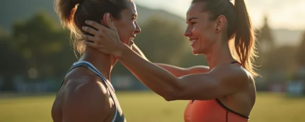 Deux sportifs motivés s'entraînant ensemble en extérieur avec une composition harmonieuse et un éclairage naturel cinématographique