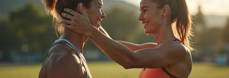 Deux sportifs motivés s'entraînant ensemble en extérieur avec une composition harmonieuse et un éclairage naturel cinématographique