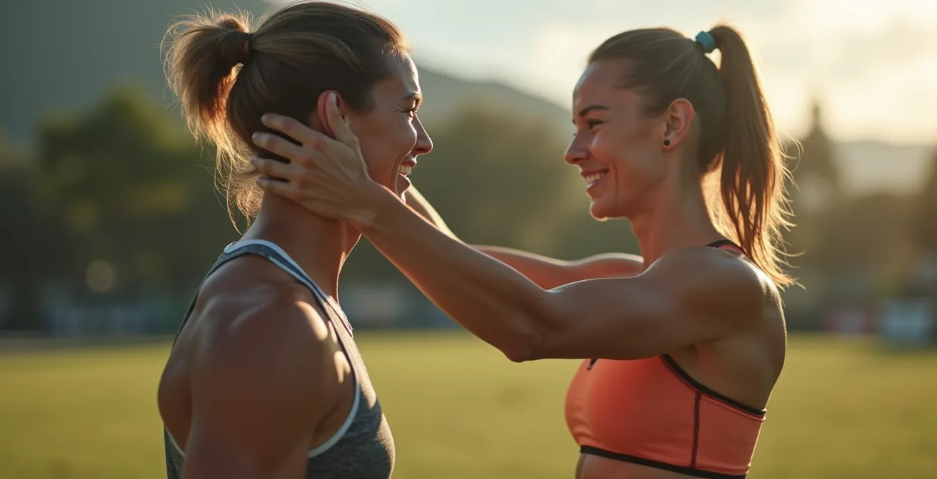 Deux sportifs motivés s'entraînant ensemble en extérieur avec une composition harmonieuse et un éclairage naturel cinématographique