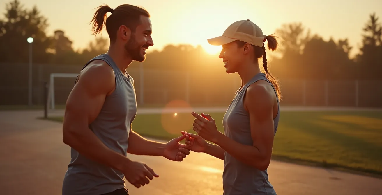 Deux partenaires sportifs échangeant et s’encourageant lors d’une séance en plein air, lumière naturelle chaleureuse