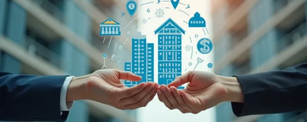 Illustration conceptuelle représentant une copropriété moderne avec des éléments symboliques de financement et rénovation