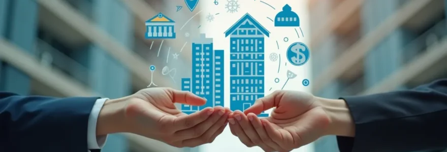 Illustration conceptuelle représentant une copropriété moderne avec des éléments symboliques de financement et rénovation