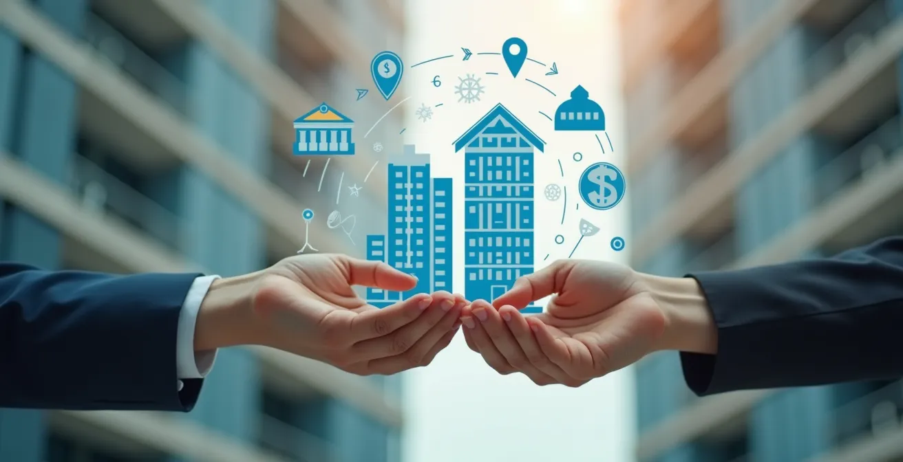 Illustration conceptuelle représentant une copropriété moderne avec des éléments symboliques de financement et rénovation