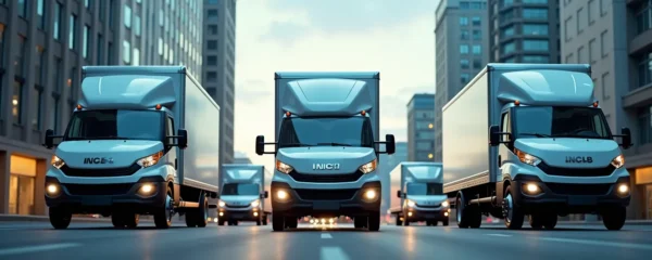 Flotte de véhicules professionnels équipés de systèmes télématiques en circulation, montrant la coordination moderne de la gestion logistique urbaine.