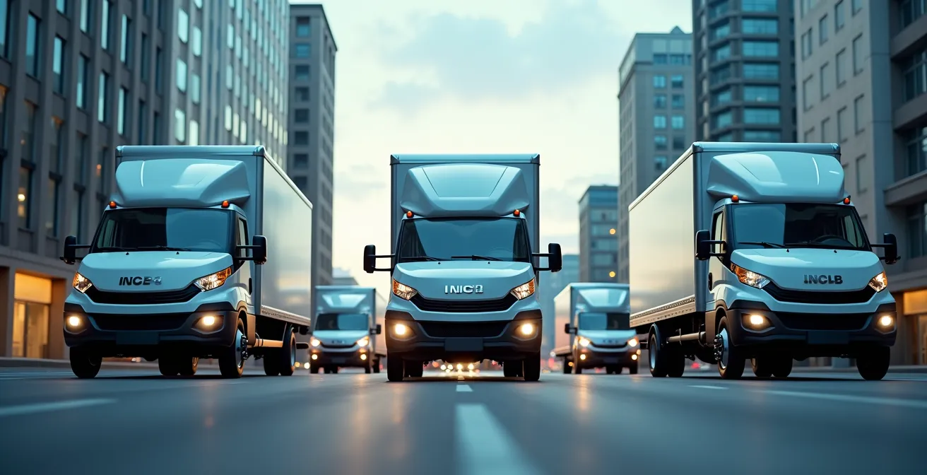 Flotte de véhicules professionnels équipés de systèmes télématiques en circulation, montrant la coordination moderne de la gestion logistique urbaine.