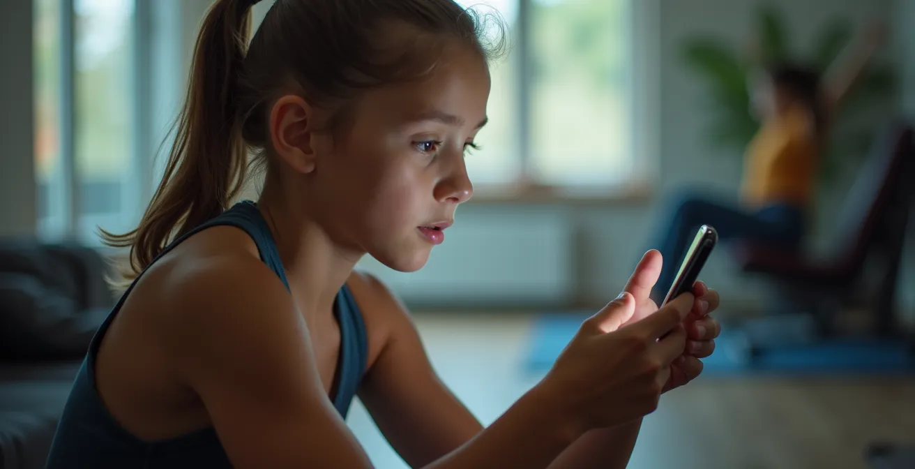 Interaction entre un athlète et un coach virtuel via application mobile lors d'une séance d'entraînement, lumière douce et ambiance moderne