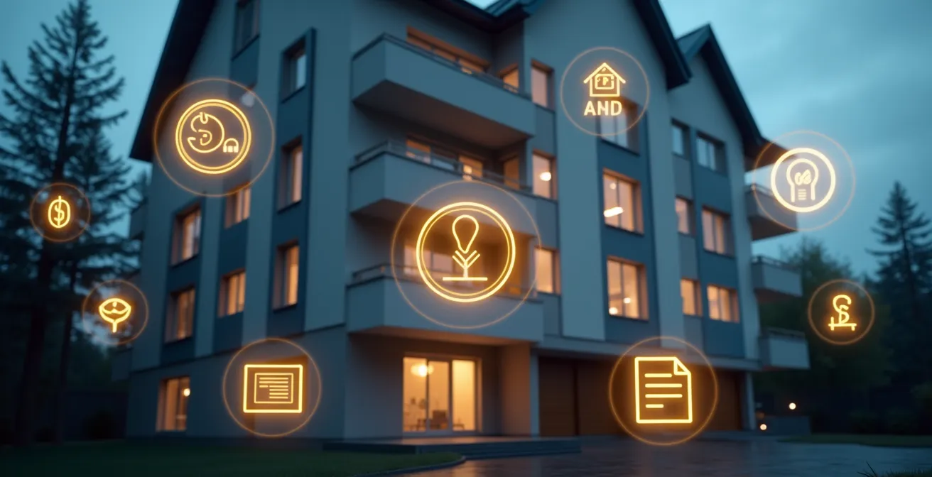 Illustration conceptuelle de l'architecture d'une copropriété avec des symboles de subventions financières