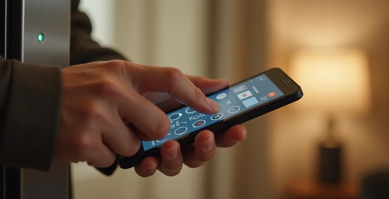 Gros plan des mains d'une personne tenant une télécommande pour contrôler une plateforme élévatrice, symbolisant l'indépendance et l'autonomie de mouvement