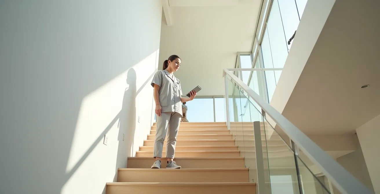Vue environnementale minimaliste d'un ergothérapeute évaluant les dimensions d'un escalier et la configuration spatiale pour l'accessibilité d'un logement