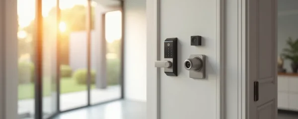 Maison intelligente avec système de sécurité connecté, caméras, serrure intelligente et détecteurs, intégration domotique moderne