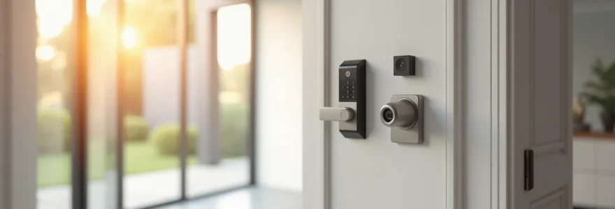 Maison intelligente avec système de sécurité connecté, caméras, serrure intelligente et détecteurs, intégration domotique moderne