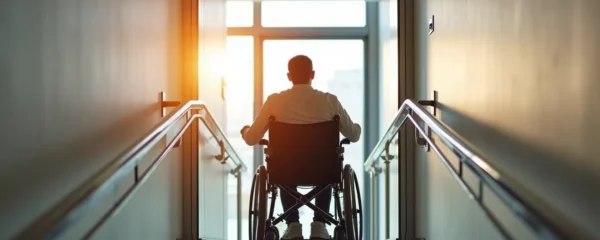 Une personne en fauteuil roulant utilise une plateforme élévatrice pour accéder à un niveau supérieur de sa maison, illustrant l'indépendance et l'autonomie retrouvées