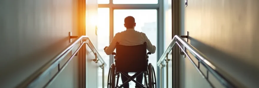 Une personne en fauteuil roulant utilise une plateforme élévatrice pour accéder à un niveau supérieur de sa maison, illustrant l'indépendance et l'autonomie retrouvées