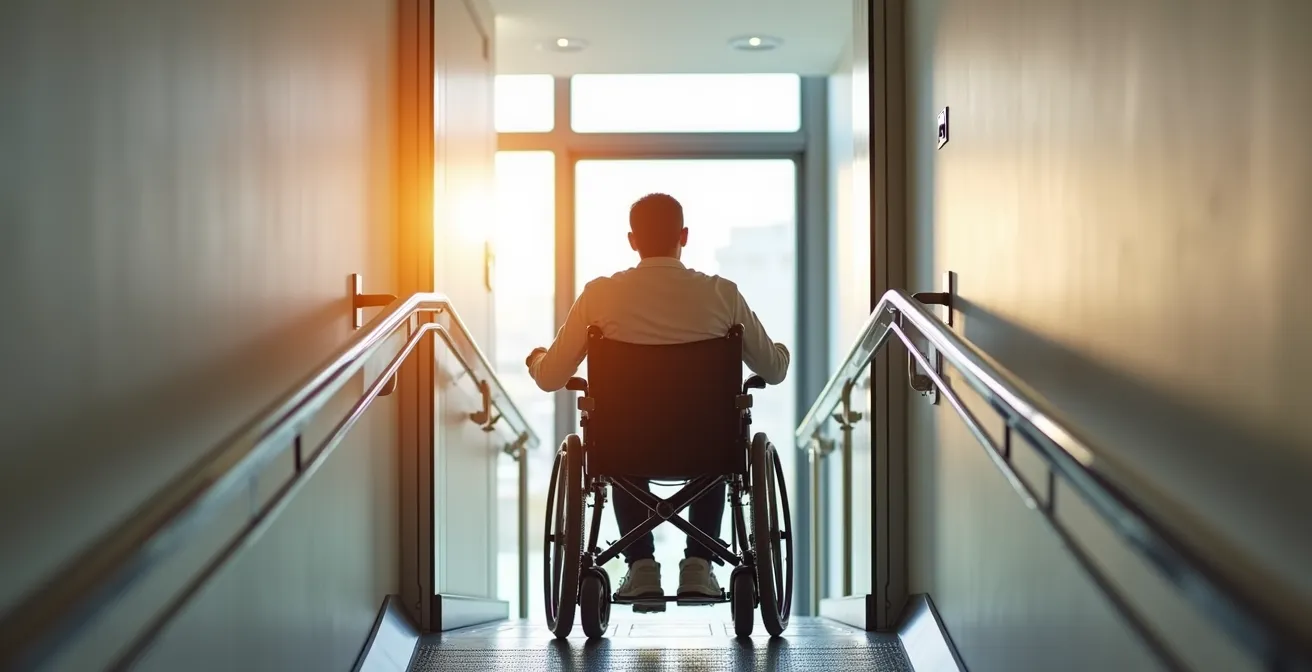 Une personne en fauteuil roulant utilise une plateforme élévatrice pour accéder à un niveau supérieur de sa maison, illustrant l'indépendance et l'autonomie retrouvées