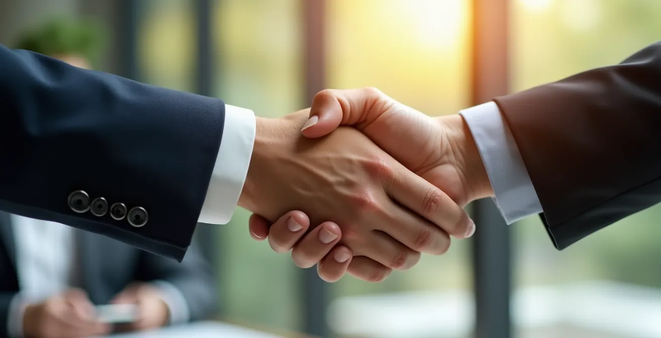 Poignée de main professionnelle symbolisant un accord commercial réussi