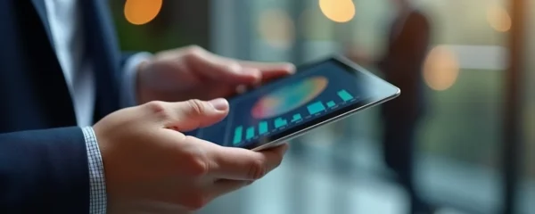 Vue rapprochée de mains professionnelles analysant des données de flotte sur une tablette moderne
