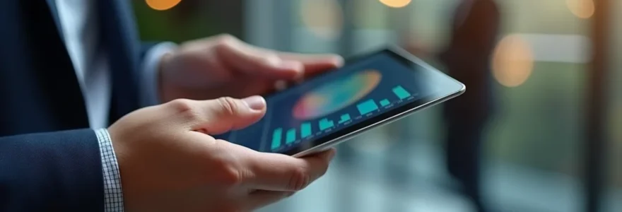 Vue rapprochée de mains professionnelles analysant des données de flotte sur une tablette moderne