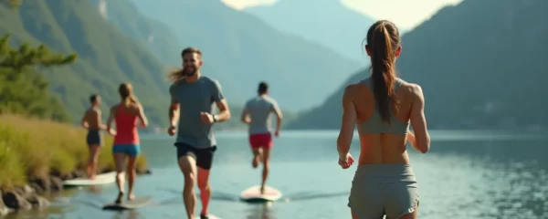 Personnes pratiquant différentes activités sportives en plein air avec vue sur un paysage naturel apaisant