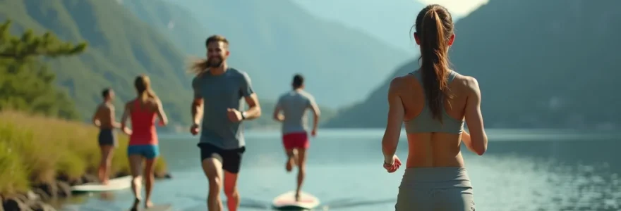 Personnes pratiquant différentes activités sportives en plein air avec vue sur un paysage naturel apaisant