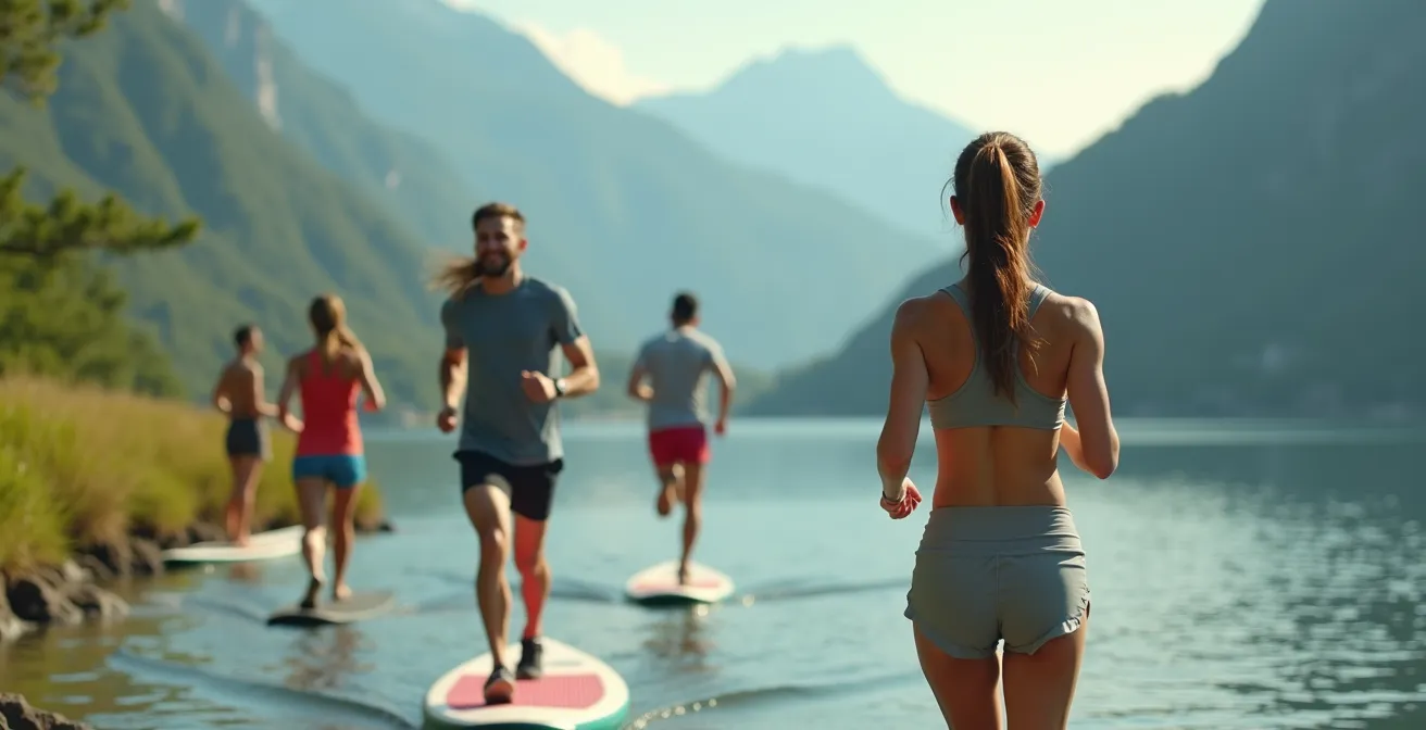Personnes pratiquant différentes activités sportives en plein air avec vue sur un paysage naturel apaisant