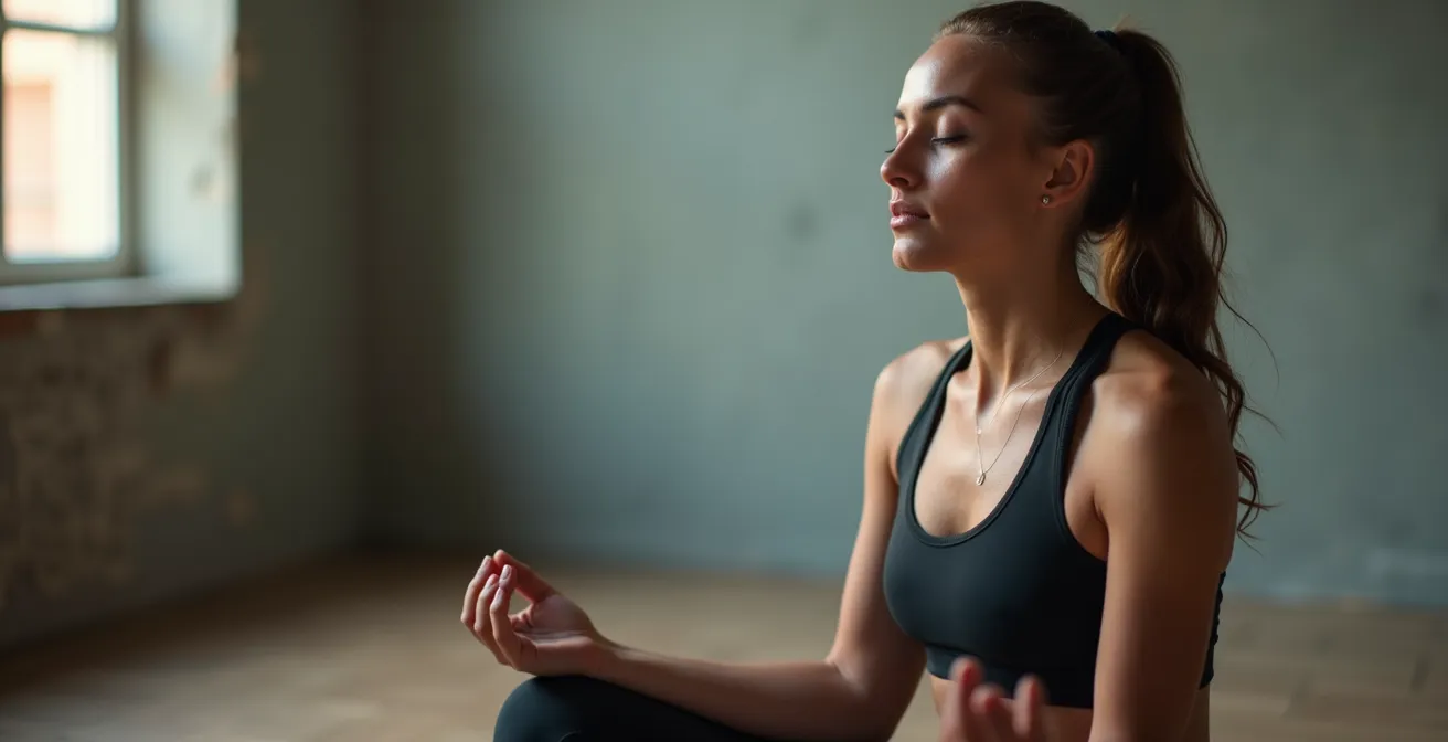Athlète en méditation visualisant sa performance sportive, ambiance paisible avec lumière douce et nuances naturelles