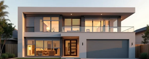 Vue d'une maison moderne avec volets roulants fermés, montrant l'isolation thermique de la façade