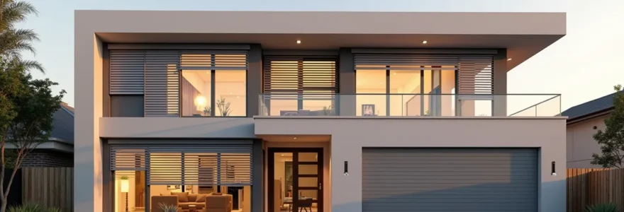 Vue d'une maison moderne avec volets roulants fermés, montrant l'isolation thermique de la façade