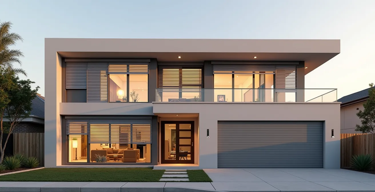 Vue d'une maison moderne avec volets roulants fermés, montrant l'isolation thermique de la façade