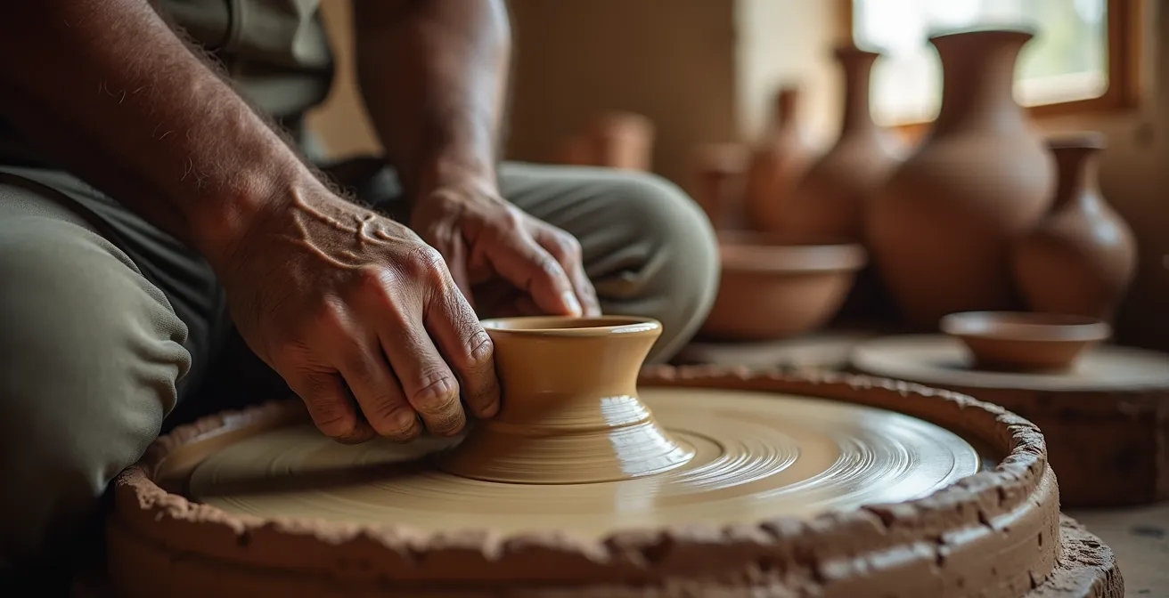 Mains d'artisan égyptien façonnant une poterie selon les techniques ancestrales