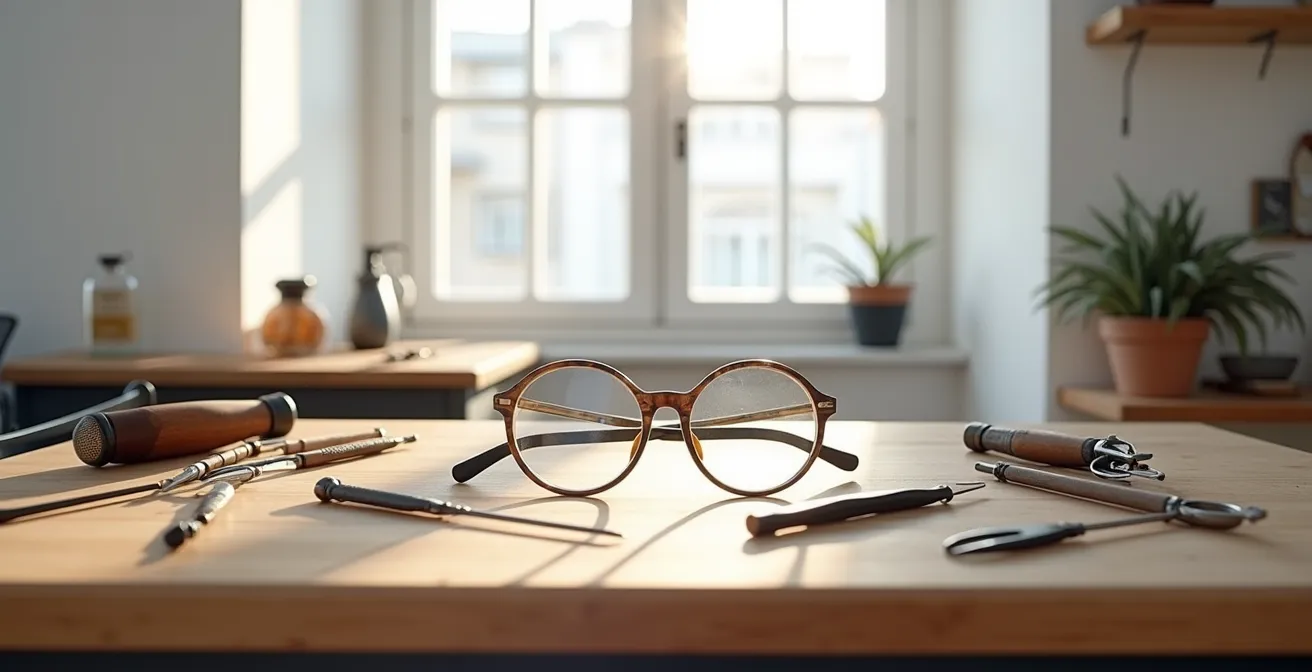 Espace de travail minimaliste d'un artisan lunetier avec outils traditionnels