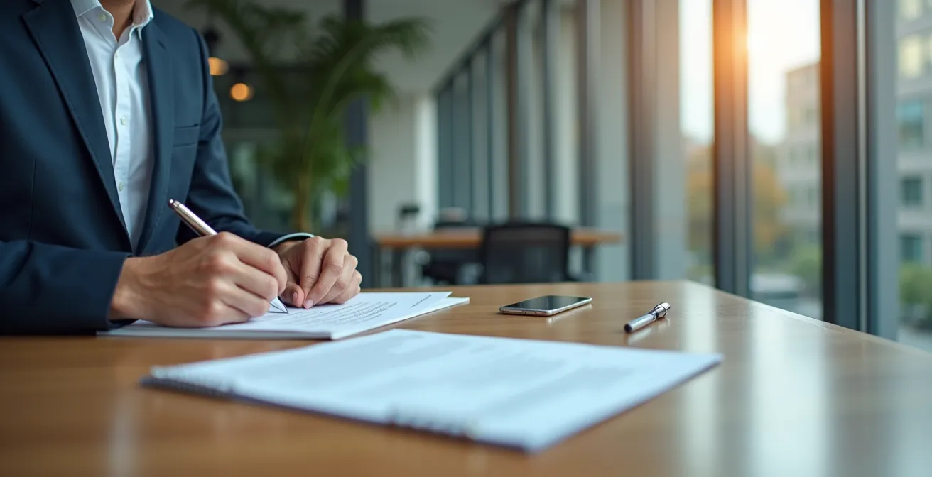 Expert analysant des documents de certification dans un bureau moderne