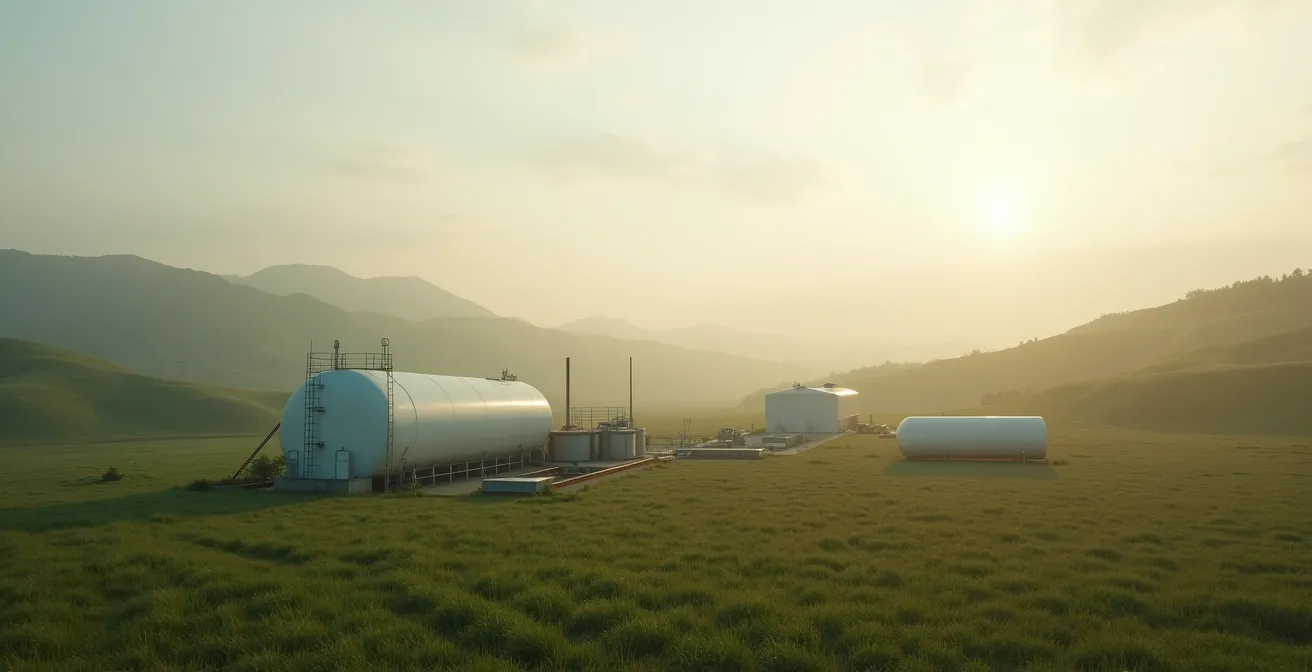 Vue large d'une exploitation agricole moderne avec citerne de gaz propane intégrée dans un environnement naturel