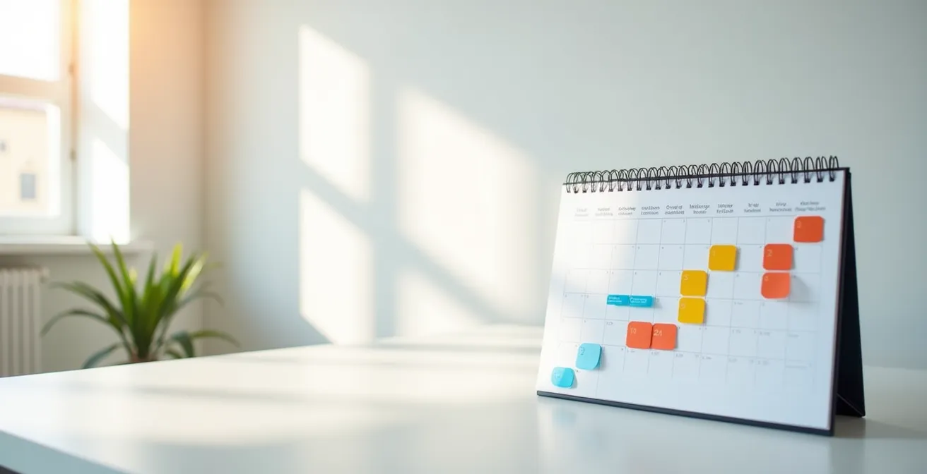 Calendrier professionnel avec marqueurs colorés indiquant les périodes stratégiques