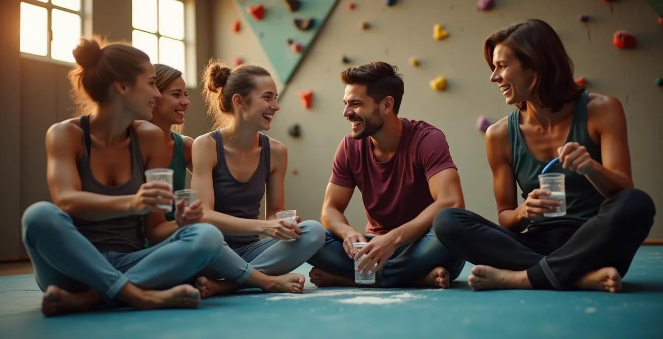 Groupe de grimpeurs partageant un moment après leur session