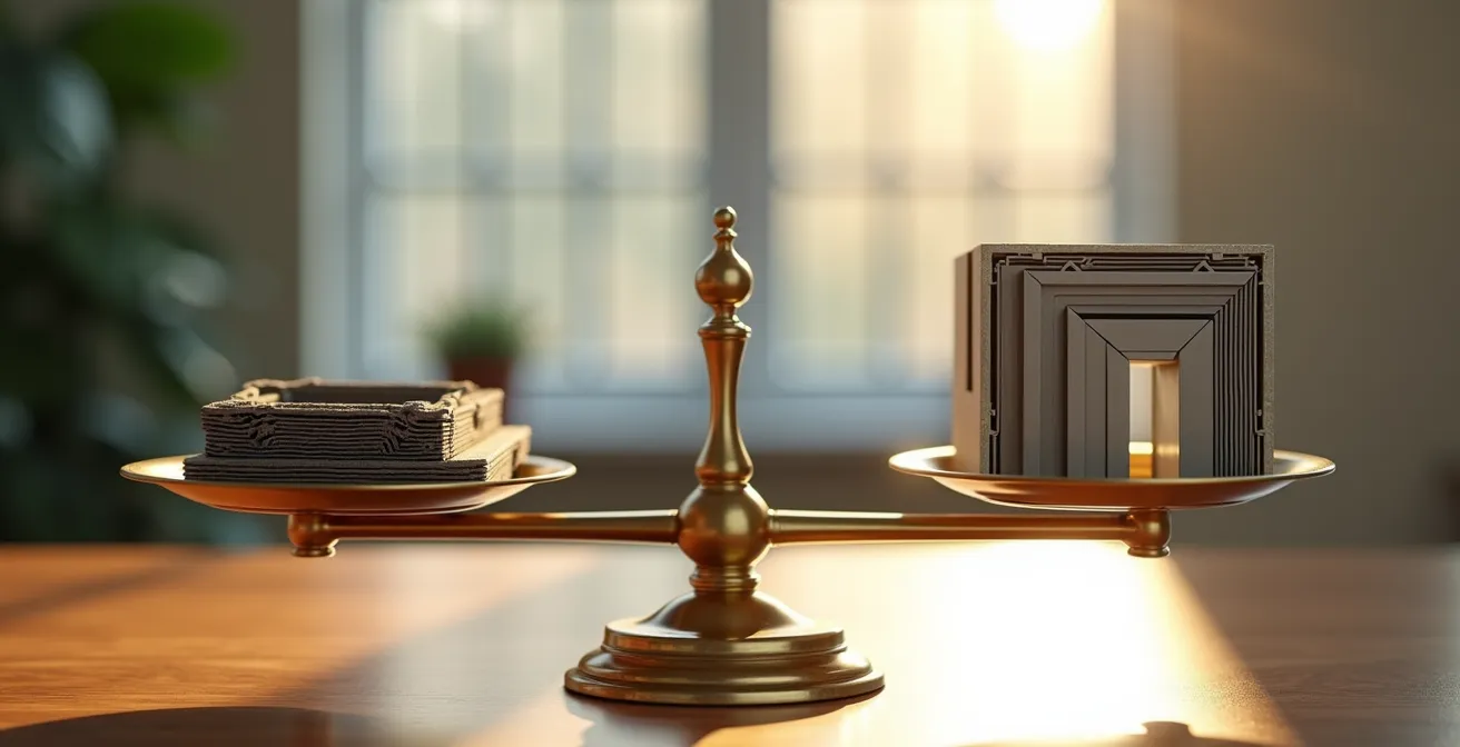 Vue symbolique d'une balance équilibrant coûts et économies de rénovation