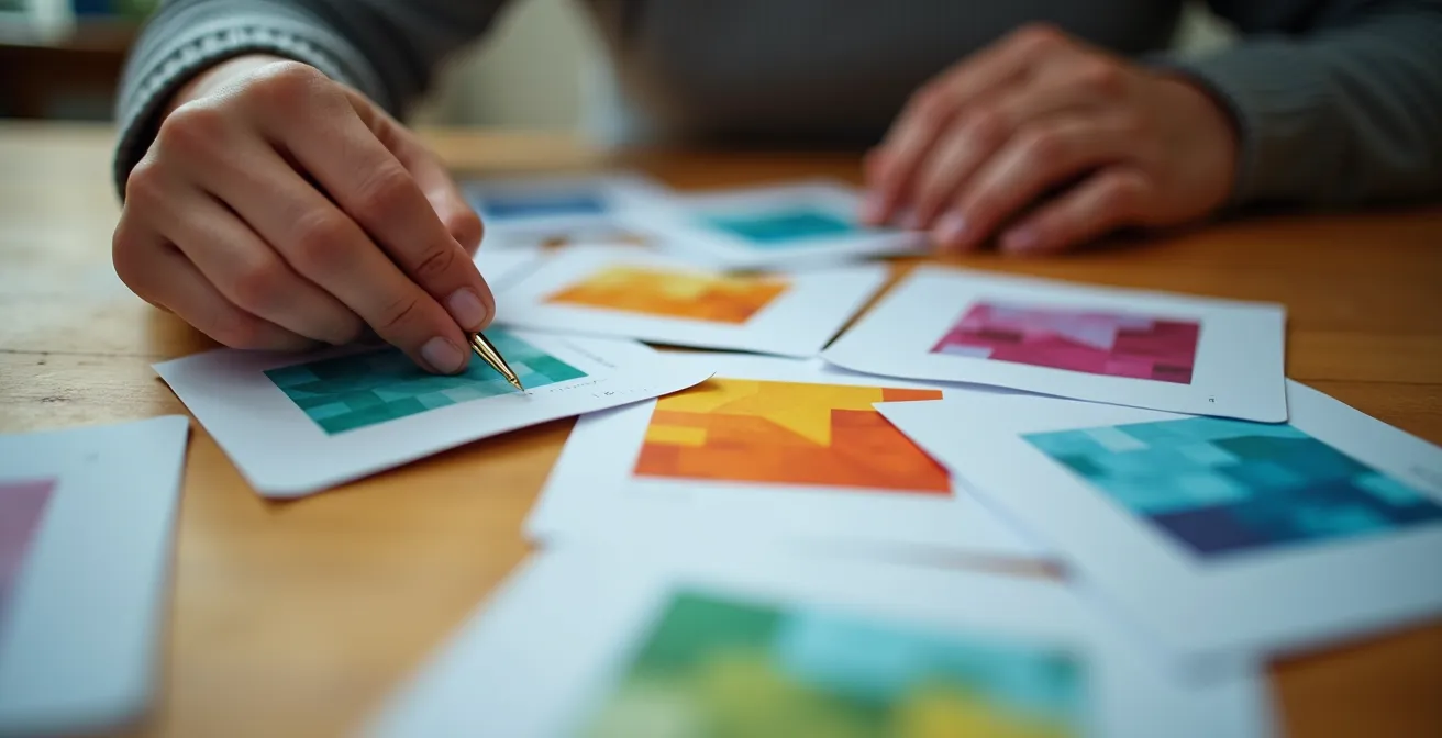 Gros plan sur les mains d'un étudiant utilisant des fiches de révision colorées et structurées