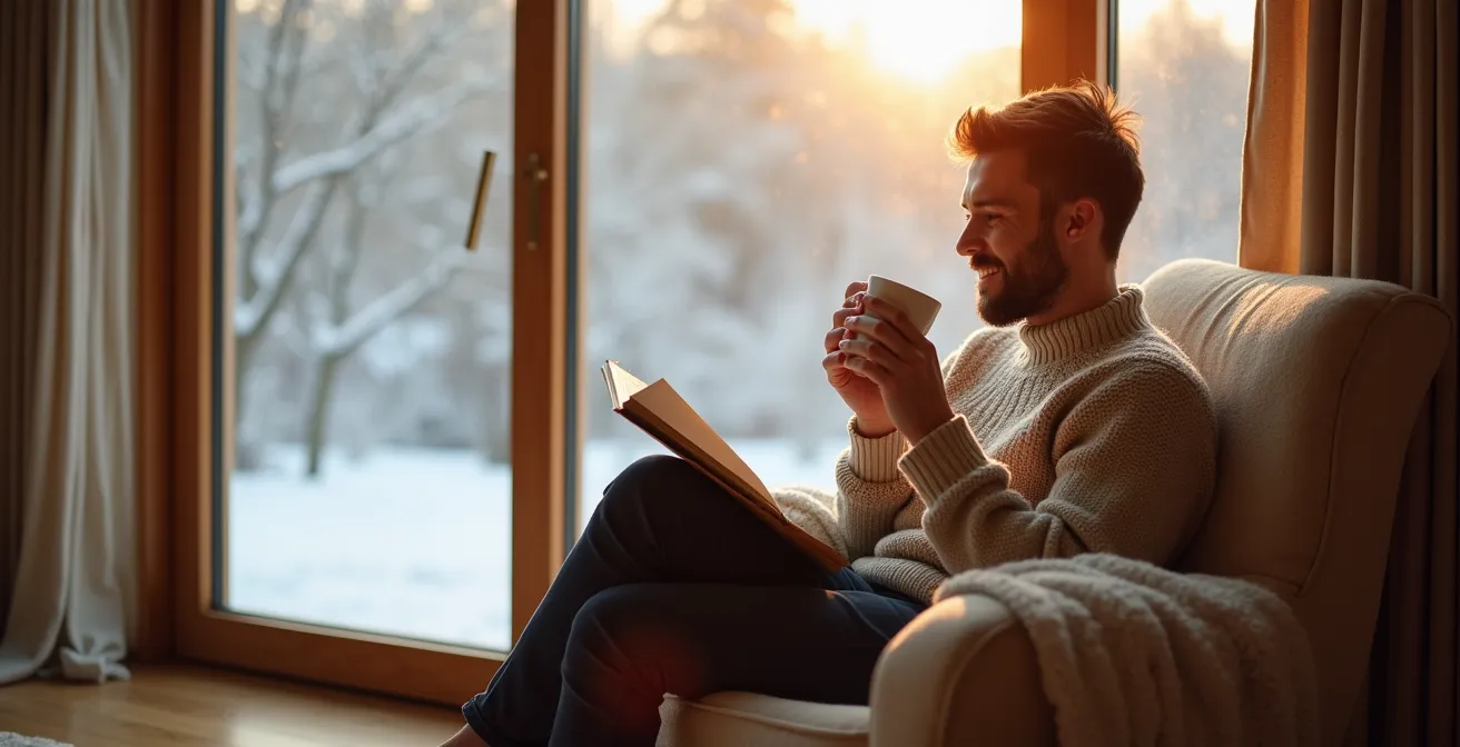 Personne profitant du confort près d'une fenêtre moderne en hiver