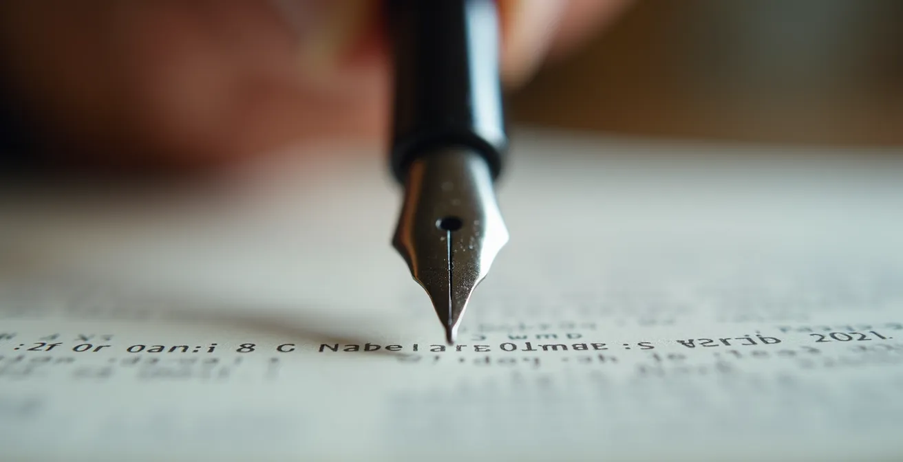 Gros plan sur des mains tenant un stylo au-dessus de documents contractuels avec détails de texture du papier