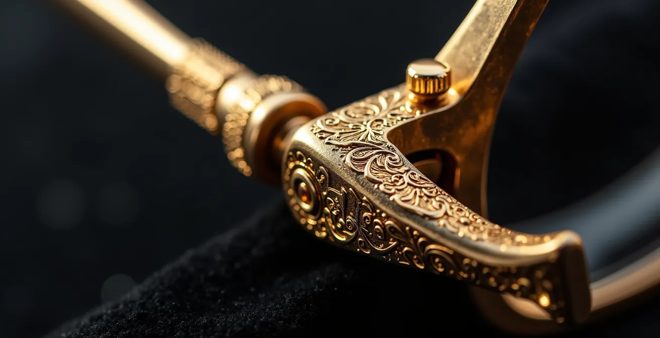 Vue macro d'une charnière en or avec gravure artisanale