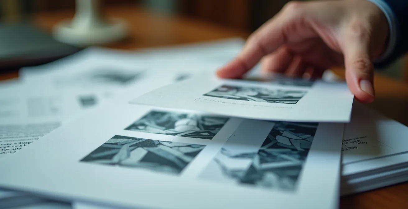 Documents professionnels organisés sur un bureau avec main positionnant une pièce