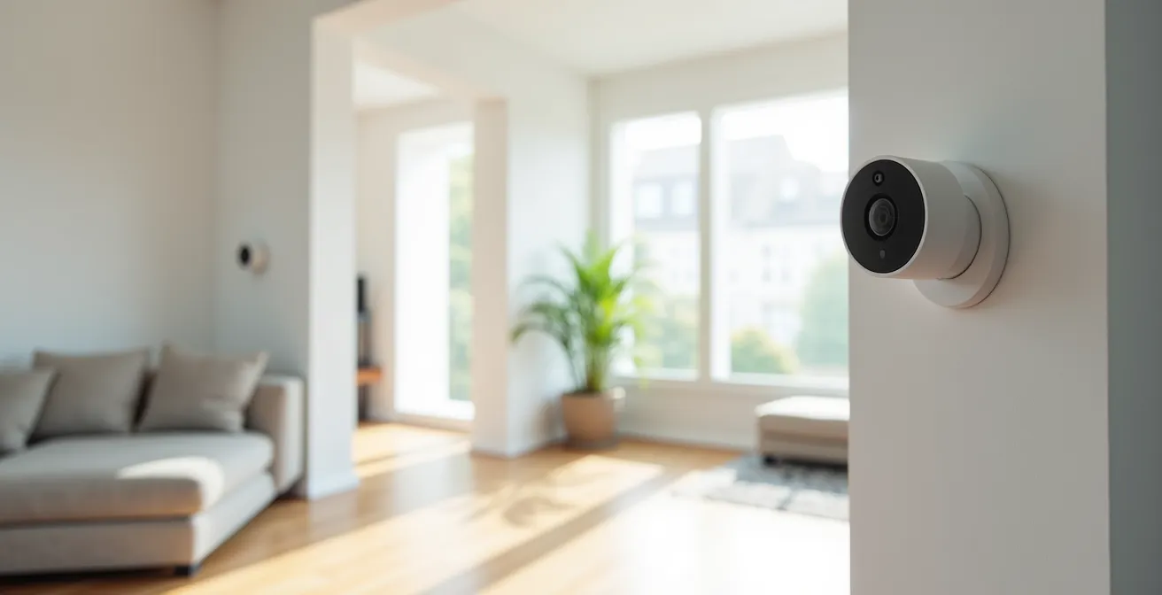 Vue d'ensemble d'un salon moderne avec système de sécurité intégré