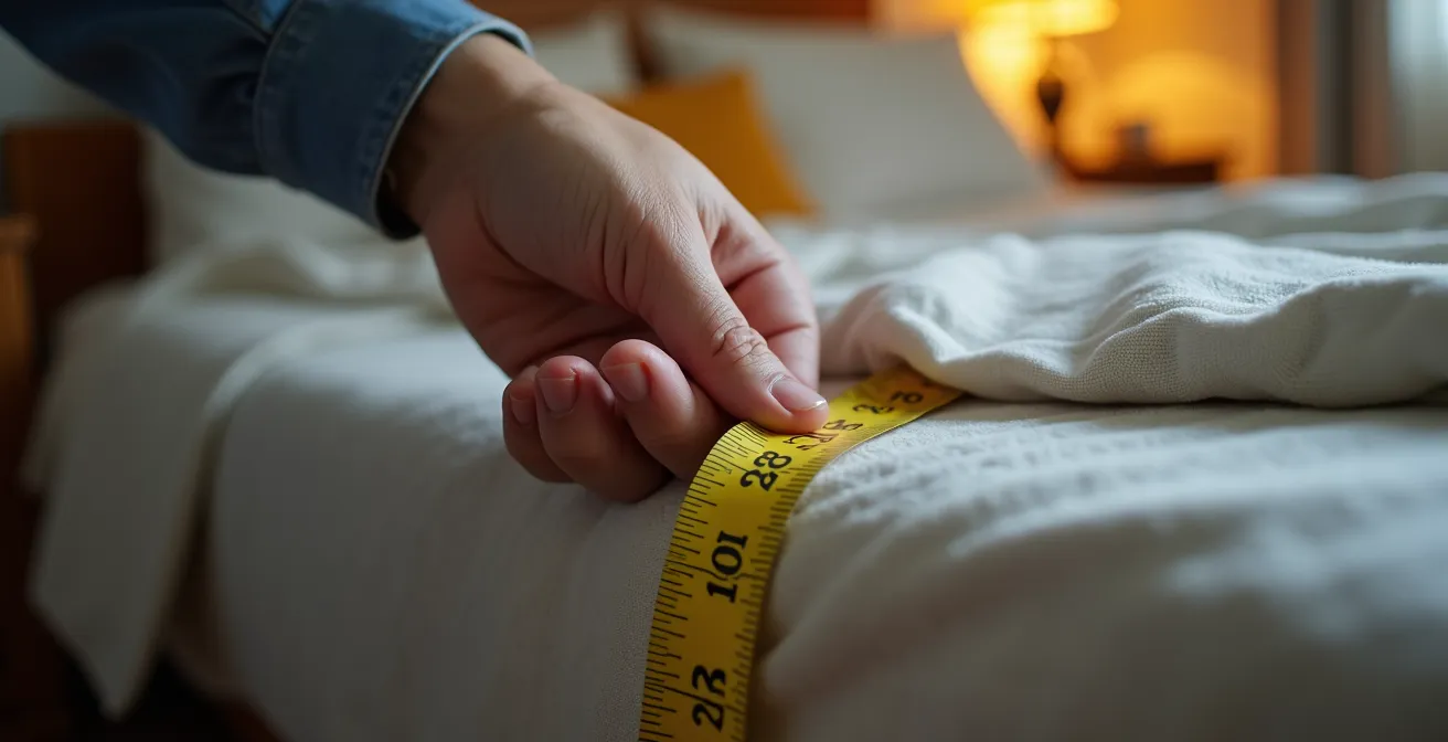 Main mesurant l'espace de circulation insuffisant autour d'un canapé convertible déplié