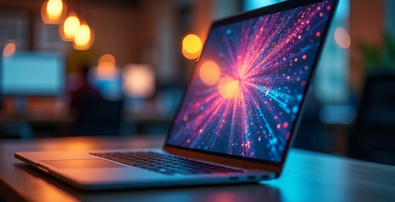 Vue arrière d'un écran d'ordinateur avec reflets colorés suggérant des graphiques de données