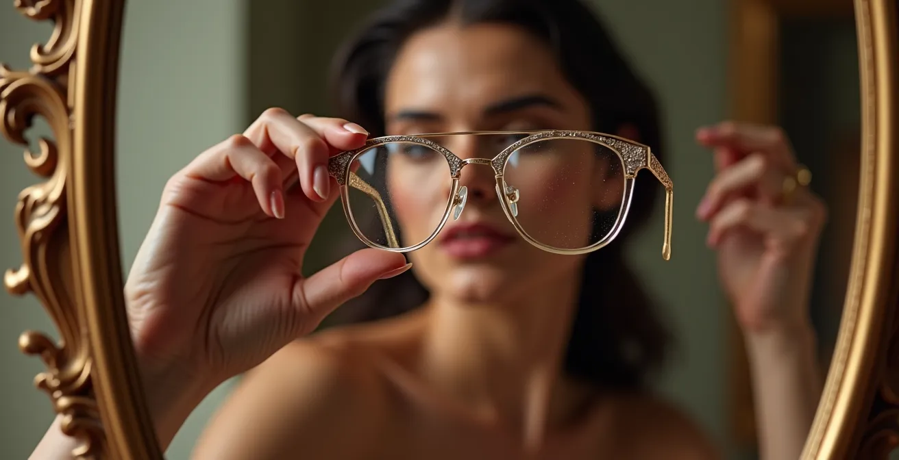 Main tenant délicatement une monture de luxe devant un miroir ancien